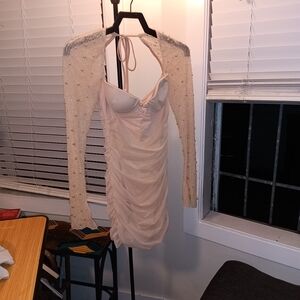 Oh Polly Cream Ruched Dress with Embellished Sleeves